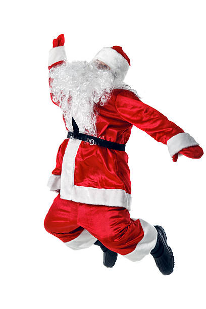 istock Joyful Santa Claus jumping and waving his arms. 618029078