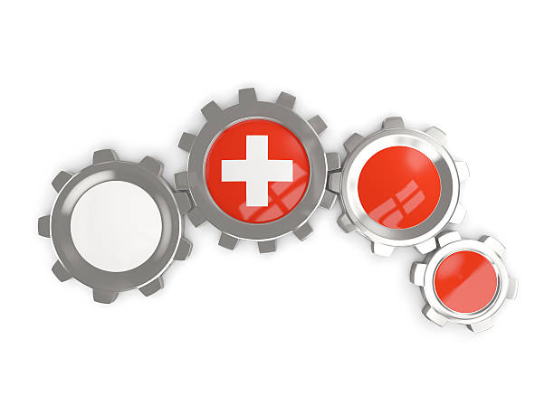 Flag of switzerland, metallic gears with colors of the flag isolated on white. 3D illustration