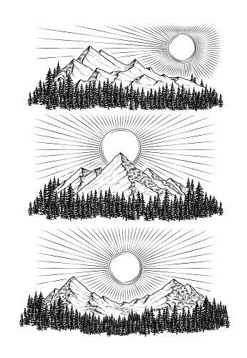 Hand drawn vector illustration the mountains in engraving style