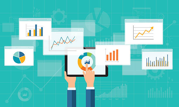 flat business analytics graph on mobile device flat business analytics graph on mobile device and finance investment planning background performance stock illustrations