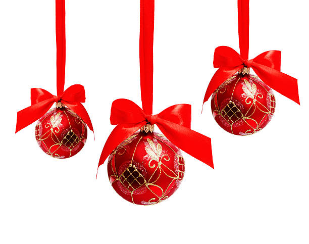 istock Three hunging red christmas balls isolated 618038002