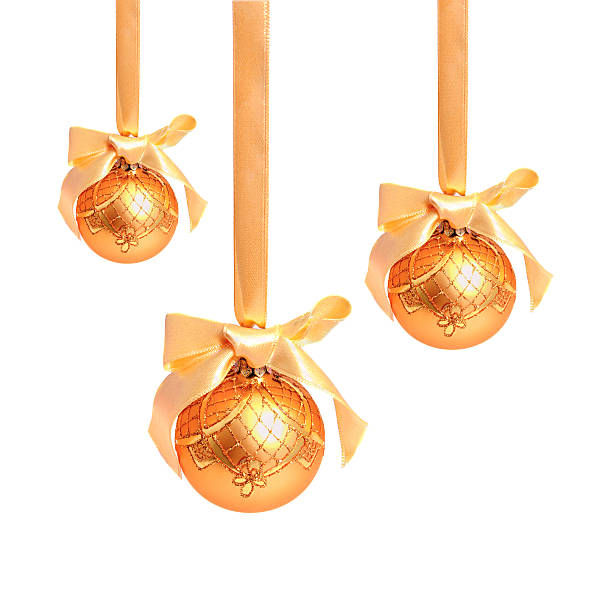 istock Hunging golden christmas balls isolated on a white 618038638