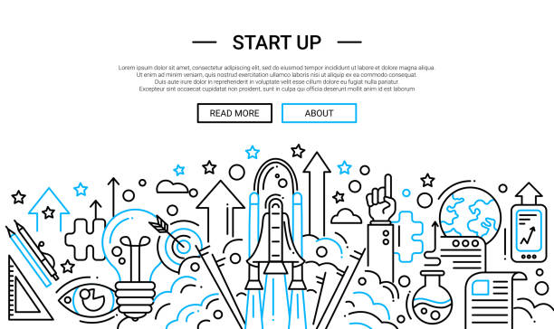 Start Up - line design website banner temlate Start up - illustration of vector modern plain line design composition and infographics elements with a shuttle launch scene. Header, banner for your site. rocket template stock illustrations