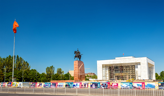 Bishkek, Kyrgyzstan - August 11, 2016: View of Ala-Too Square, the central square of Bishkek. The square was built in 1984 to celebrate the 60th anniversary of the Kyrgyz SSR