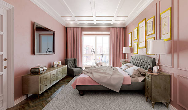 istock Master bedroom with modern design with pink and brown. 3d illustration 618041702