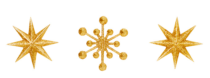 Christmas Snowflake Star Hanging Decoration, Golden Decorative Xmas Toys Ornate Isolated Over White Background