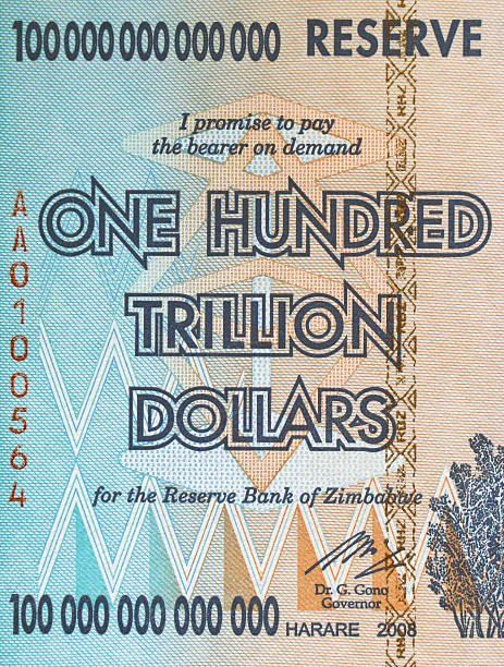 istock bill of Zimbabwe, with the nominal  one hundred trillion dollars 618043458