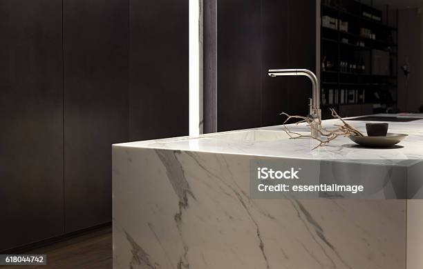 White Marble Kitchen Stock Photo - Download Image Now - Kitchen, Marble - Rock, Marbled Effect