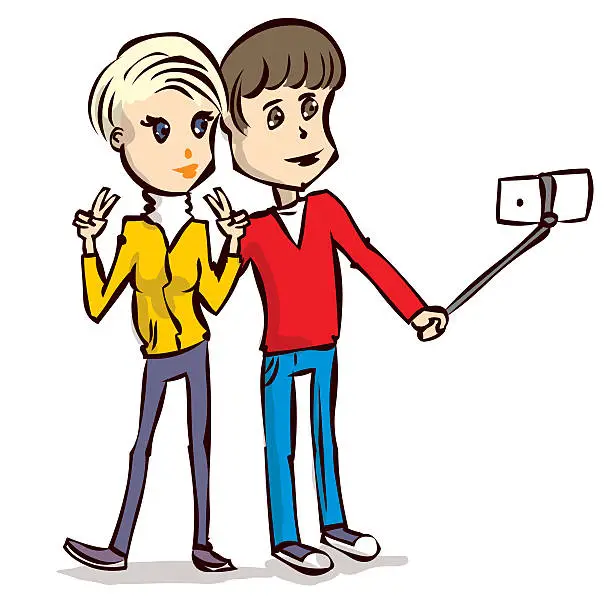 Vector illustration of Young couple make selfie. Hand drawn vector illustration.