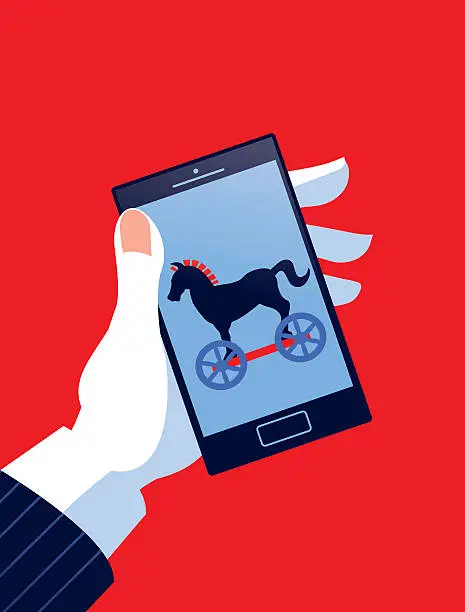 Vector illustration of Businessman Holding Mobile Phone with Trojan Horse