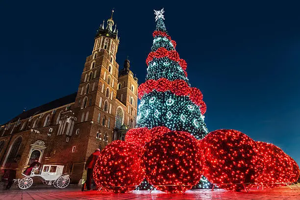 Krakow, Poland, Main Market square in the winter season, during Christmas fairs decorated with Christmas tree.