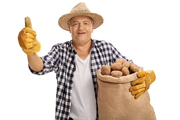 istock Elderly farmer holding burlap sack and giving thumb up 618053686