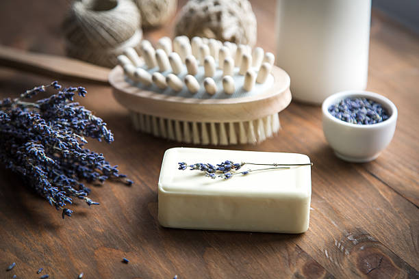 istock accessories for bath and spa: natural soap, lavender, candle and 618056170