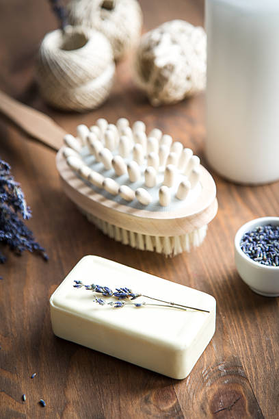 istock accessories for bath and spa: natural soap, lavender, candle and 618056276