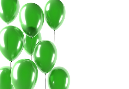 party green balloons, celebration or anniversary event, isolated, 3D illustration