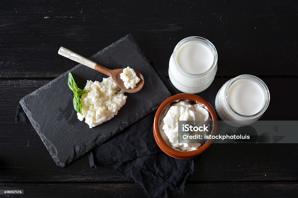 products that come from the kefir products that come from the kefir, such as the yoghurt and the cheese Kefir Stock Photo