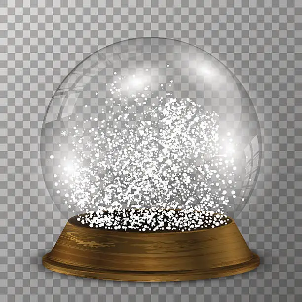 Vector illustration of Crystal snow globe on wood stand. Transparent vector snowglobe.