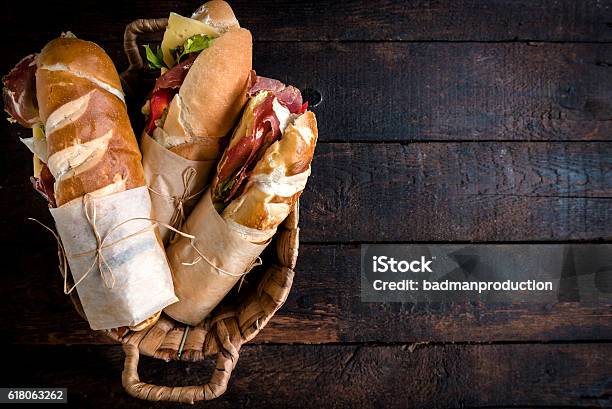 Sandwiches In The Basket Stock Photo - Download Image Now - Sandwich, Delicatessen, Submarine Sandwich