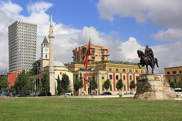 The central square in Tirana, Albania View of the central square with the monument of Skanderbeg in the Albanian capital Tirana tirana photos stock pictures, royalty-free photos & images