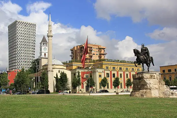 View of the central square with the monument of Skanderbeg in the Albanian capital Tirana