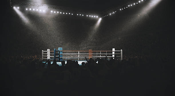 Boxing: Empty professional ring with crowd 3D made empty professional indoor ring with crowd on the bleachers with intensional lenseflares and fog. fighting photos stock pictures, royalty-free photos & images