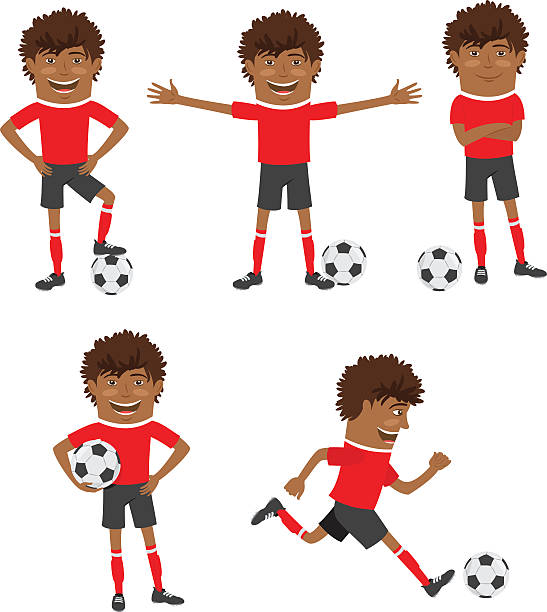 ilustrações, clipart, desenhos animados e ícones de jogador de futebol afro-americano engraçado vestindo camiseta vermelha - soccer ball running sports uniform red