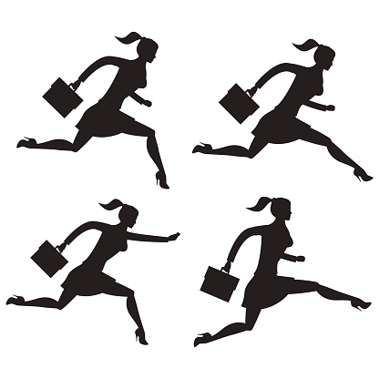 Business lady running set of silhouettes. Running business lady in business suit isolated on white background. Vector illustration. Use as template, background or part of any design.