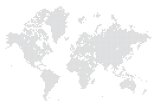 A detailed world map illustration made up of dots. This file is an ideal design element for your project. It's easy to colour and customise if required and can be scaled to any size without loss of quality.