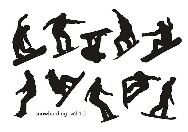 schwarze silhouetten von snowboardern auf weißem hintergrund. - ski stock-grafiken, -clipart, -cartoons und -symbole