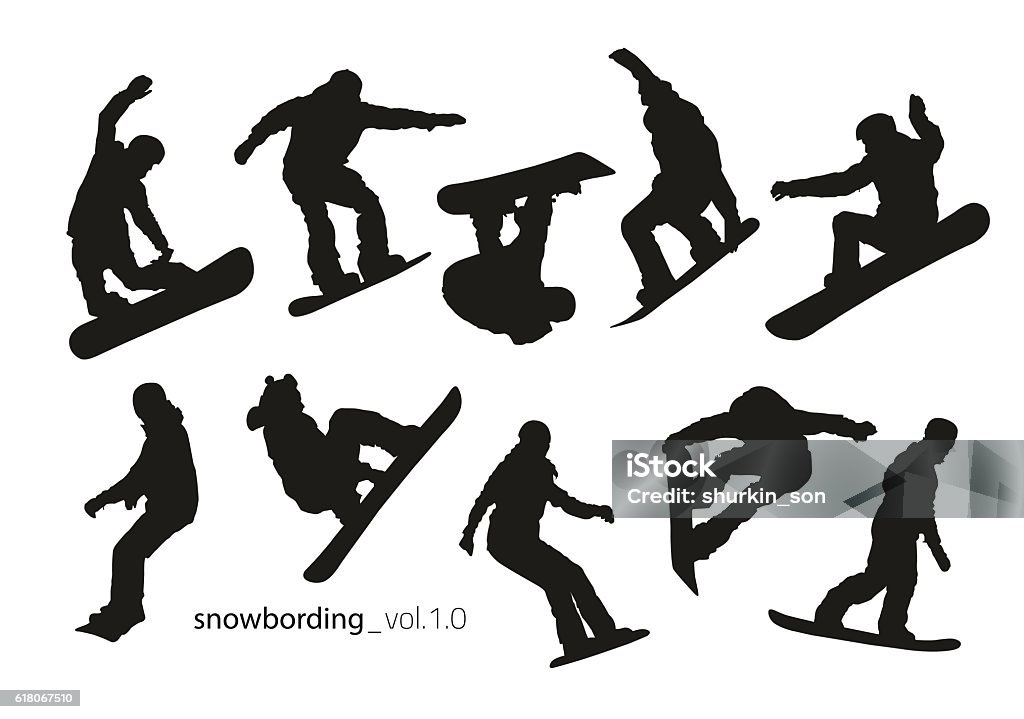 Black silhouettes of snowboarders on a white background. Snowboarding stock vector