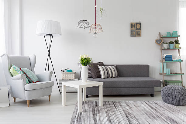istock Modern living room interior with a grey armchair 618067826