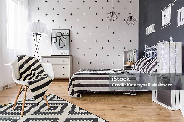 Creative Black And White Bedroom Stock Photo - Download Image Now - Bedroom, Black And White, Indoors