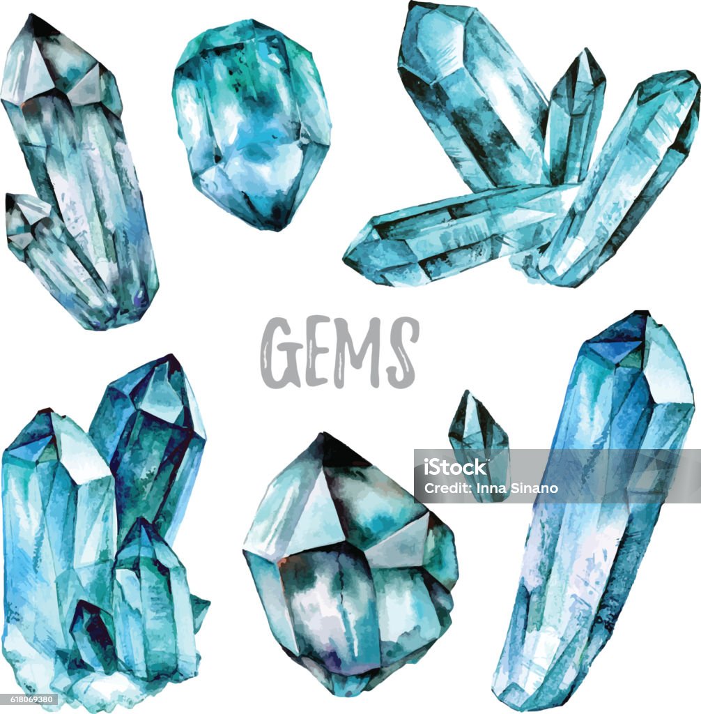 Watercolor Gems collection Watercolor Gems collection. Semiprecious crystals. Hand drawn illustration isolated on white background Crystal stock vector