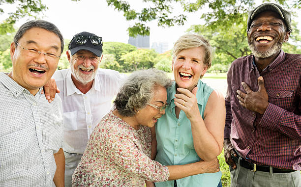 group of senior retirement friends happiness concept - grandparent retirement senior adult healthy lifestyle imagens e fotografias de stock