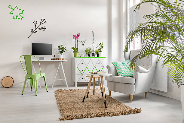 istock Living room with plants, commode and armchair 618069486