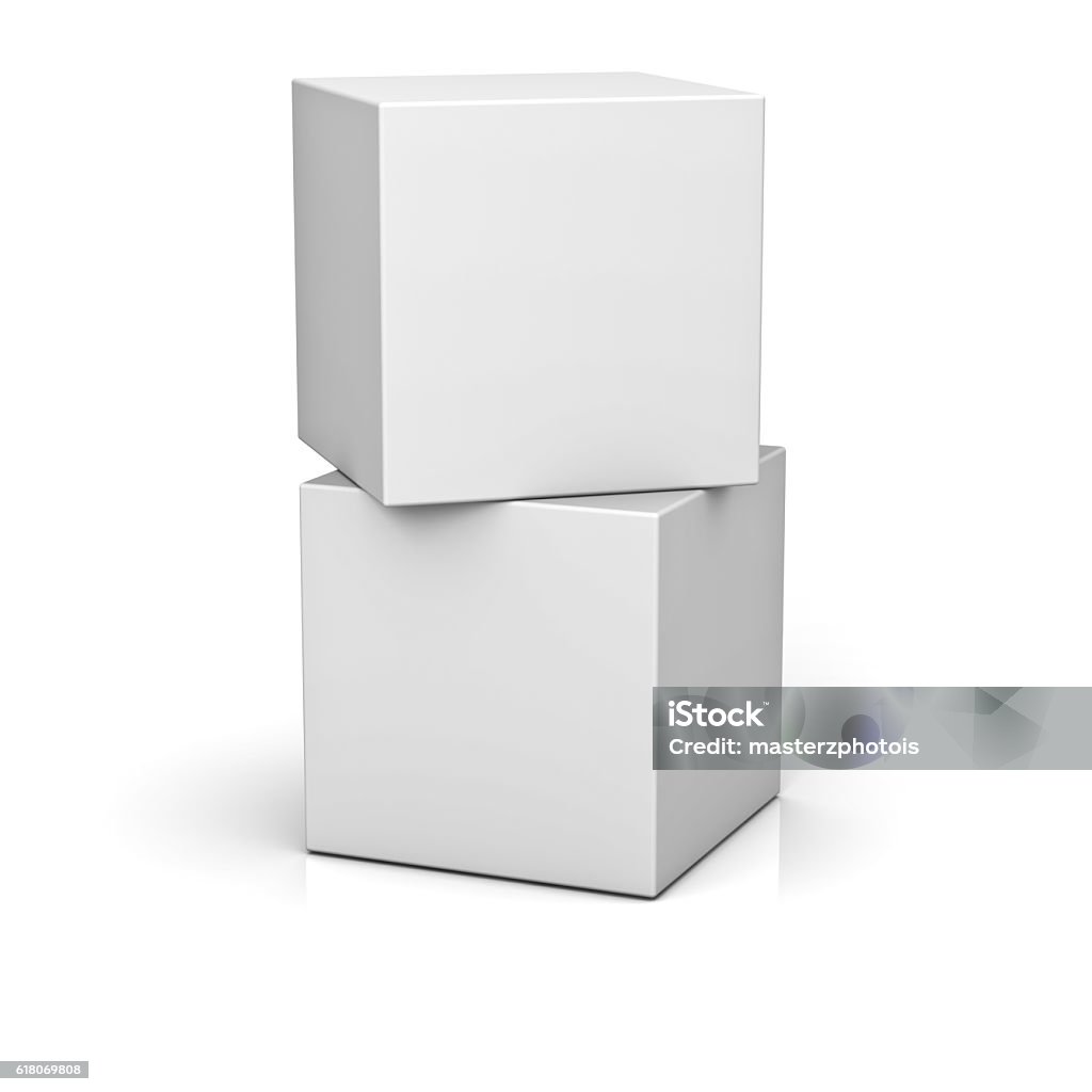 Blank boxes Two blank boxes isolated on white background with reflection and shadow. 3D rendering. Cube Shape Stock Photo