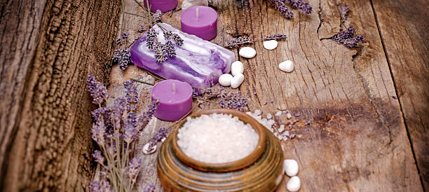istock Lavender soap, lavender, scented salt and spa stones 618069960