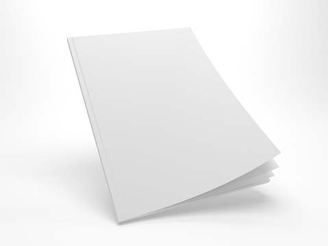 Blank flying opening cover mock up of a magazine. 3d illustration template with empty cover. Gray mockup isolated on white.