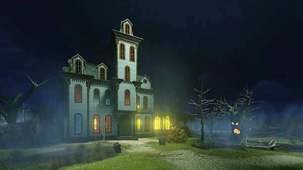 istock Old haunted mansion and at misty night 618178154