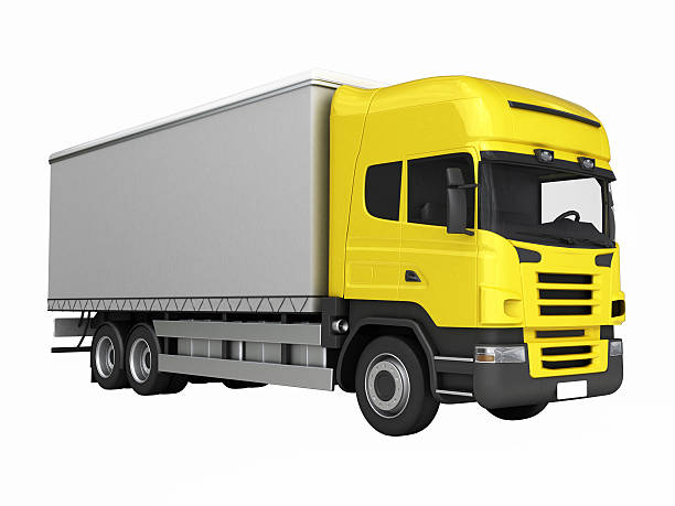 istock Yellow delivery truck witout shadow on a white background 3D 618178596