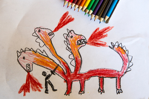 Child's drawing, dragon and knight