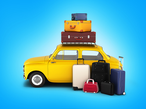 Little retro car with suitcases and bags, travel concept on blue gradient background 3d