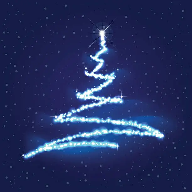 Vector illustration of Xmas spark fire tree on dark blue gradient background