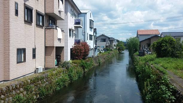 istock The town and brook.... blue sky 618180450