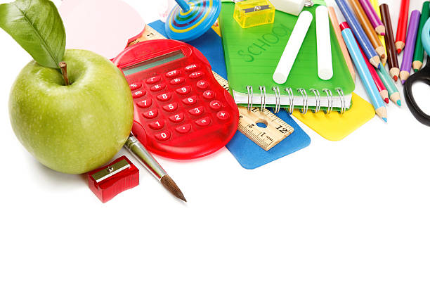 istock School and office supplies on white background, back to school 618182384