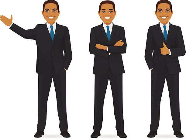 Set of business man Set of business man in different poses isolated. Thumbing up, showing and with hands crossed man presenting white background stock illustrations