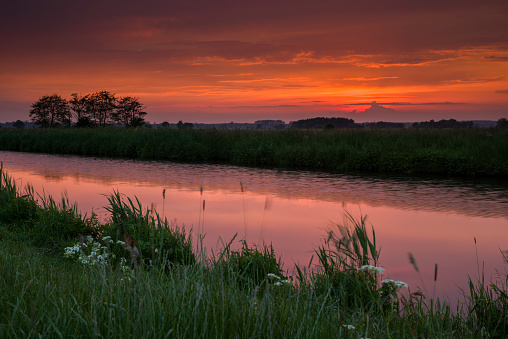 Calm canal at dusk. Romantic sky reflecting on water surface. Silhouettes of trees, yarrow and grass. Taken with long exposure at Ems-Jade-Kanal in Sande, Friesland, Lower Saxony, Germany, Europe.