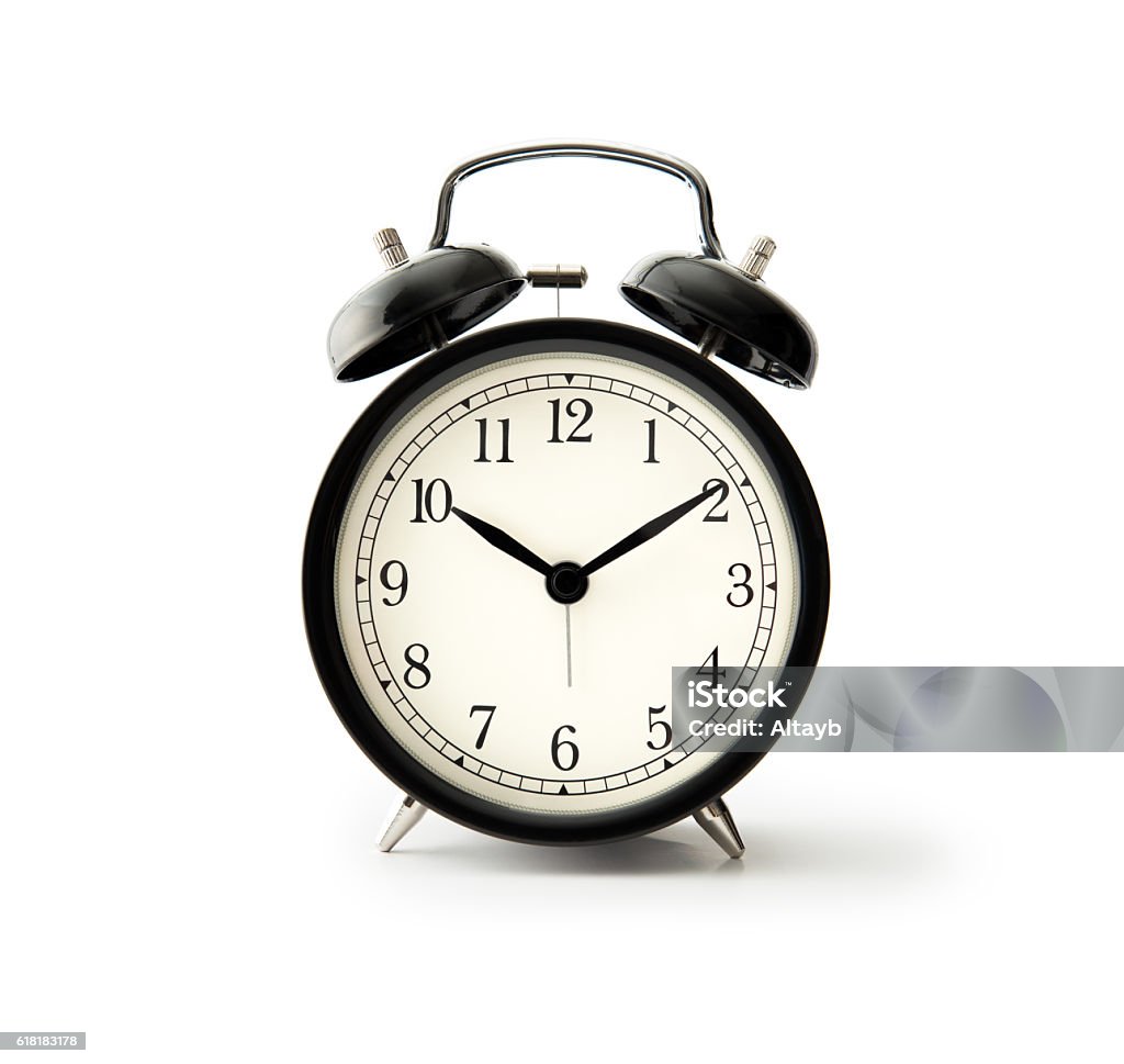 Black alarm clock Black alarm clock isolated on white Alarm Clock Stock Photo