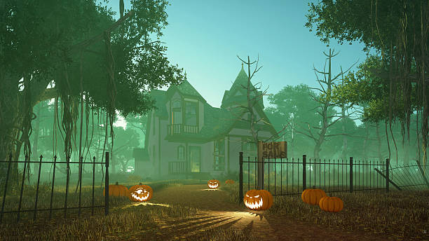 istock Halloween pumpkins near spooky house 618184778