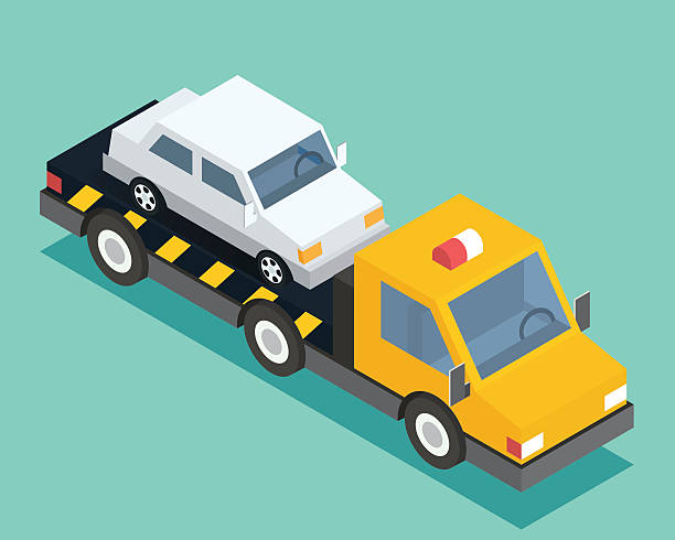 ilustrações, clipart, desenhos animados e ícones de carro isométrico de evacuação, ajuda do serviço de assistência rodoviária. pista de reboque do evacuador - tow truck car computer icon auto accidents